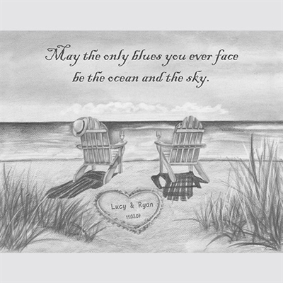 Ocean Leisure Chairs - Pencil Sketch Print with Custom Text,by myDaVinci - myDaVinci